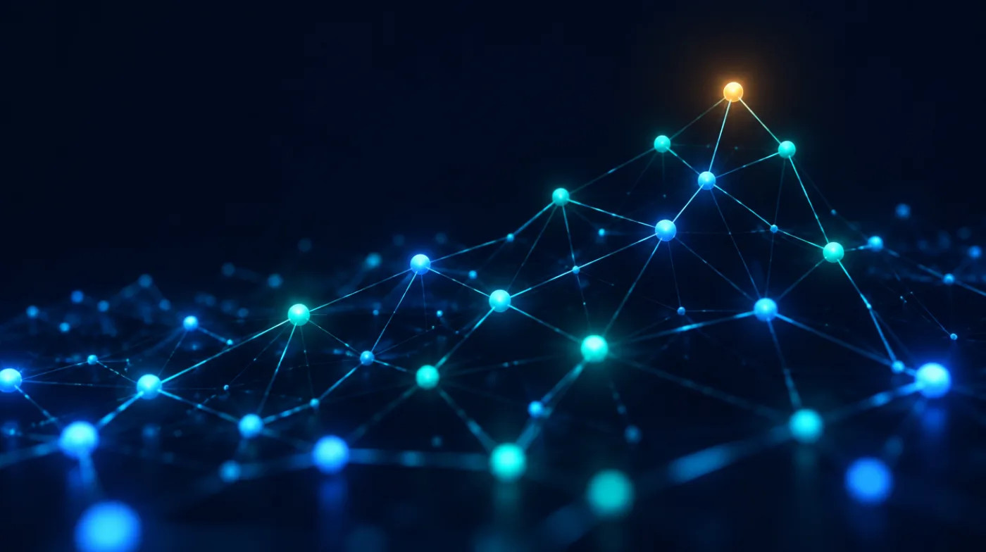 SkyBacklink yayıncı ağını temsil eden, birbirine bağlı ışıklı düğümler